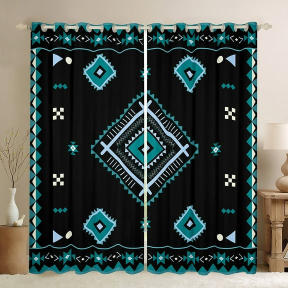 Manfei Vintage Aztec Rhombus Black Out Curtains,bohemian Exotic Style Curtains Pack of 2 (42x63 Each),Cyan Black Bedroom Curtains For Adults,Microfiber Bedroom Decor