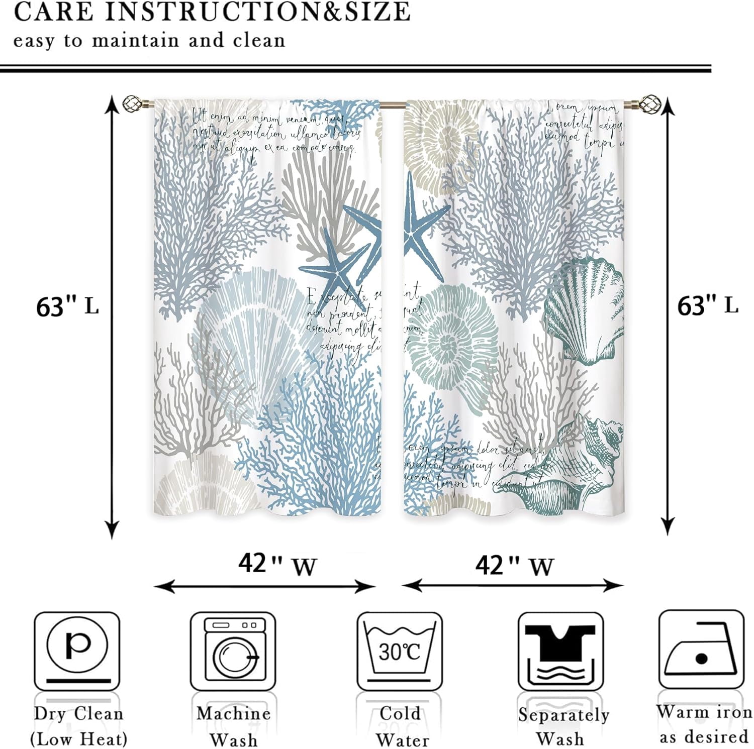 Ocean Beach Window Curtains Nautical Coastal Starfish Seashell Rod Pocket Underwater Curtain Drapes Blue Sea Curtains for Bedroom Living Room Treatment 2 Panels 42Wx63H Inch