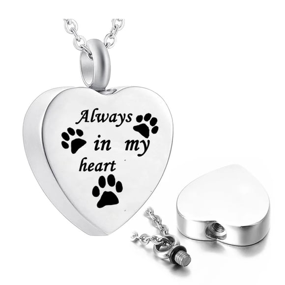 2pcs , Cremation Jewelry for Ashes Always in my heart Stainless Steel Heart Pet Paw Keepsake Pendant Memorial Urn Necklace