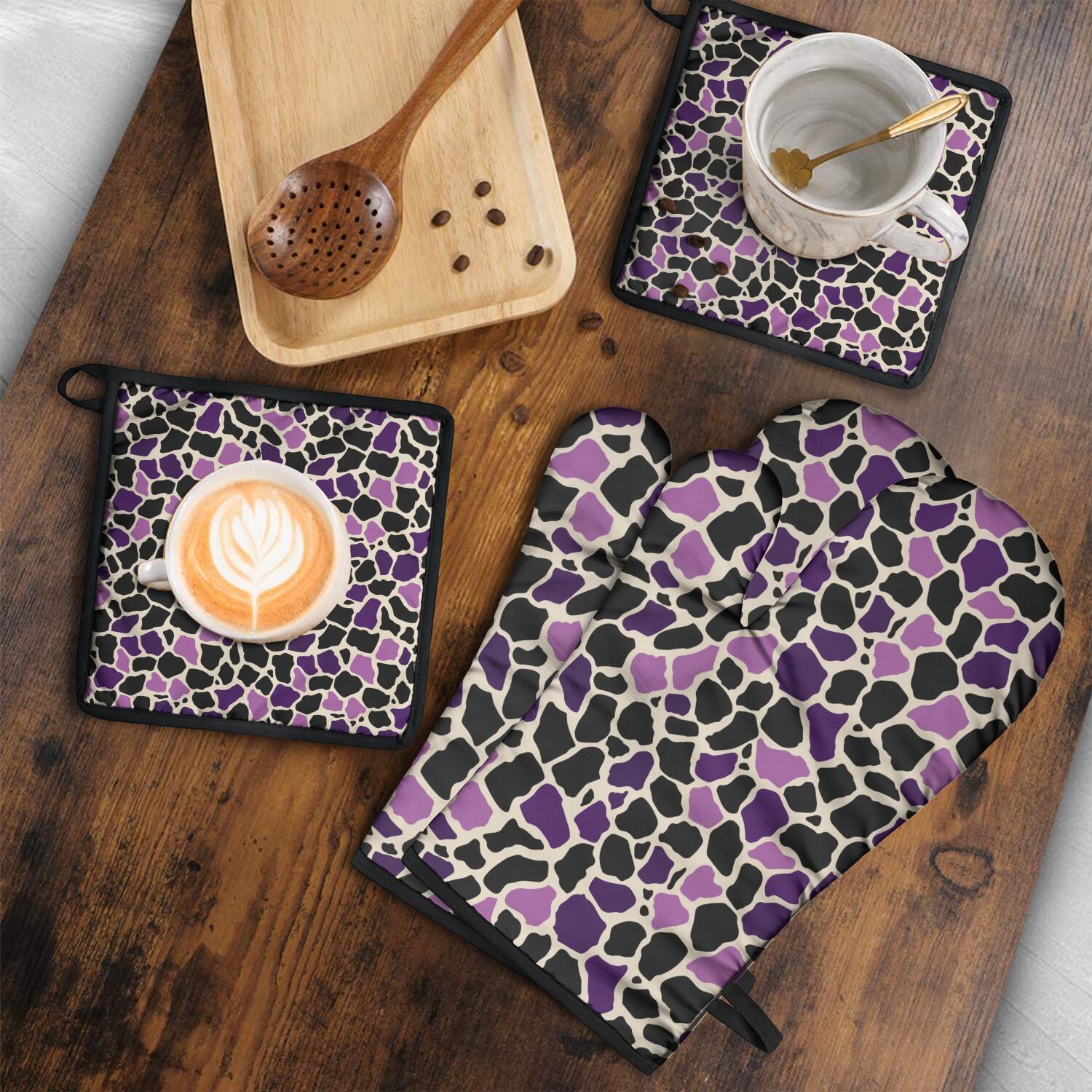 Leopard Print Oven Mitts and Pot Holders Set Of 4, Heat Resistant Kitchen Gloves with Non-Slip Grip, Hanging Loop, Soft Cotton Lining for Baking, Cooking, Grilling, Barbecue