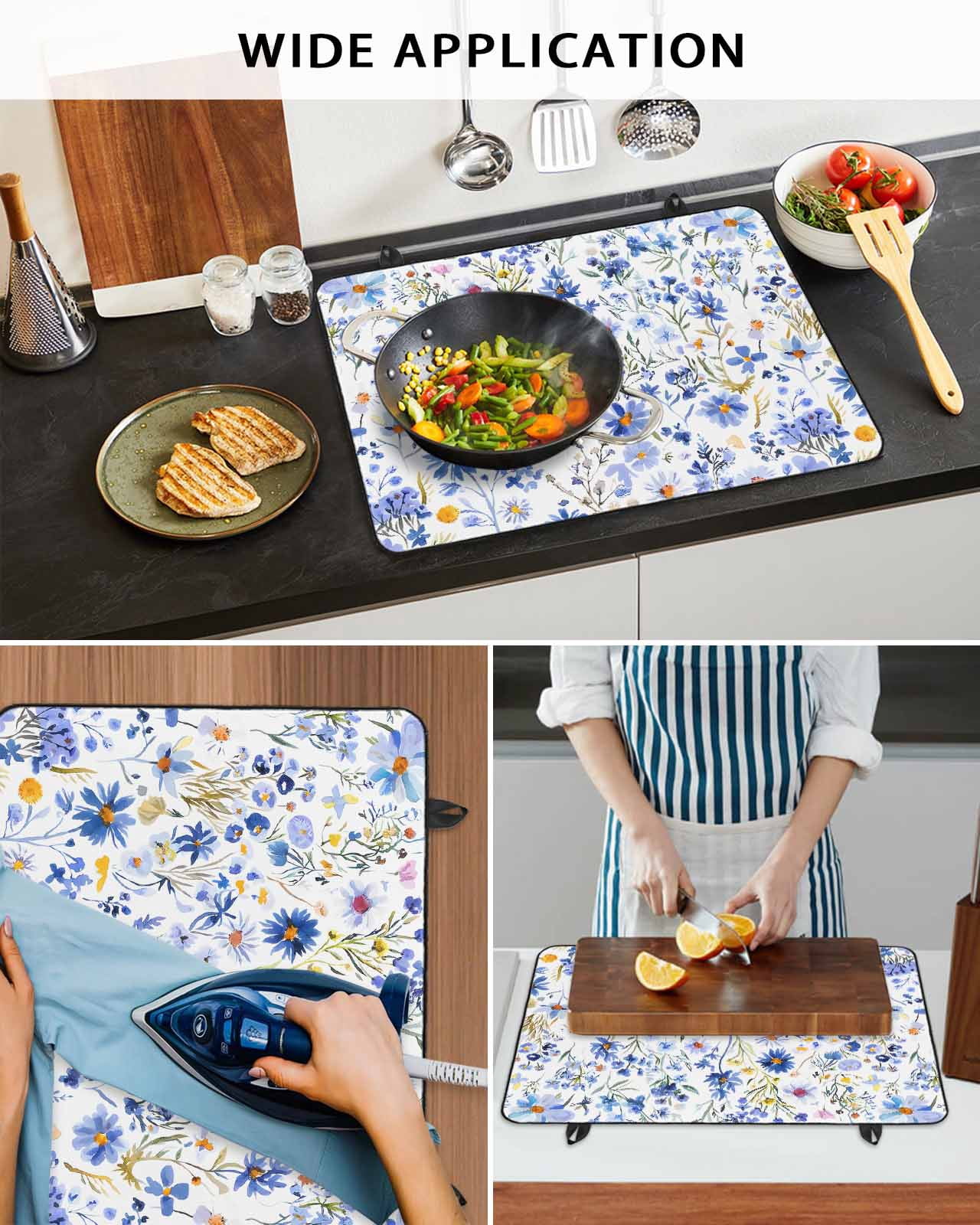 nqOlkjepod Large Induction Cooktop Protector Mat 31"x24", Spring Floral Stove Top Covers for Electric Stove, Blue Flowers Farm Pastoral Wildflowers Stove Burner Cover Mats, Glass Top Stove Cover