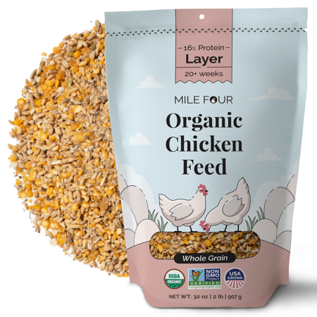 UPC: 0737488079517 | Mile Four | Layer Organic Chicken Feed | 100% US Grown Grains  Certified Organic  Certified Non-GMO  Corn-Free  Soy-Free  Non-Medicated Chicken Food | 16% Protein | Whole Grain | 2 lbs.