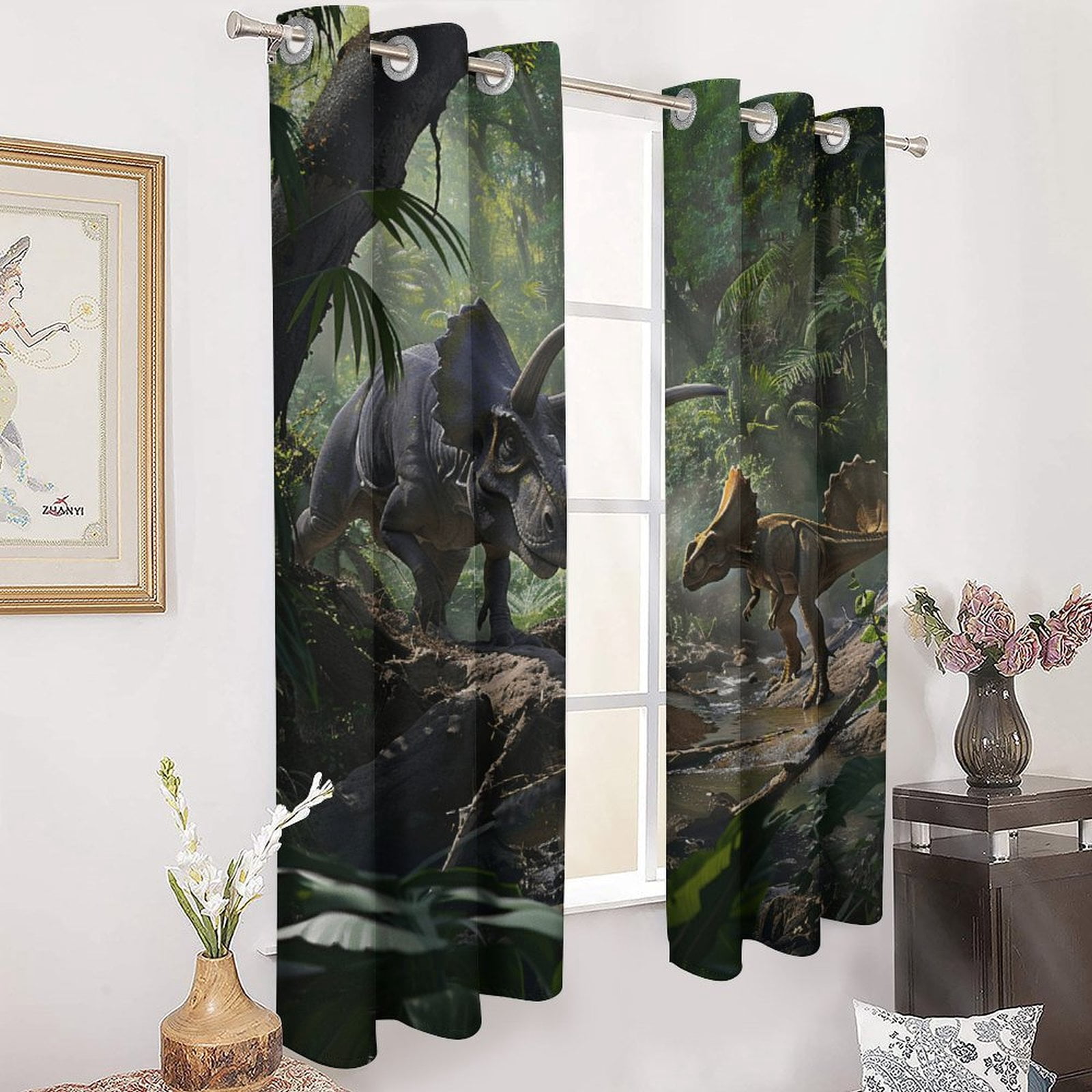 Blackout Curtains for Bedroom Jurassic Dinosaur Full Room Darkening Grommet Curtains for Living Room,Thermal Insulated Ombre Drapes