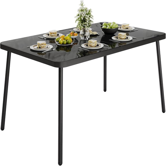 EastVita 59" Tempered Glass Patio Dining Table , 4-6 Person Rectangular Table , Black