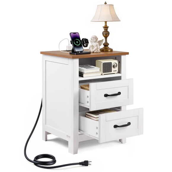 VEVOR Farmhouse Nightstand, with Charging Station, End Table with 2 Drawers and Open Shelf, Bedside Storage Cabinet, Rustic Side Table with USB Port and AC Outlets