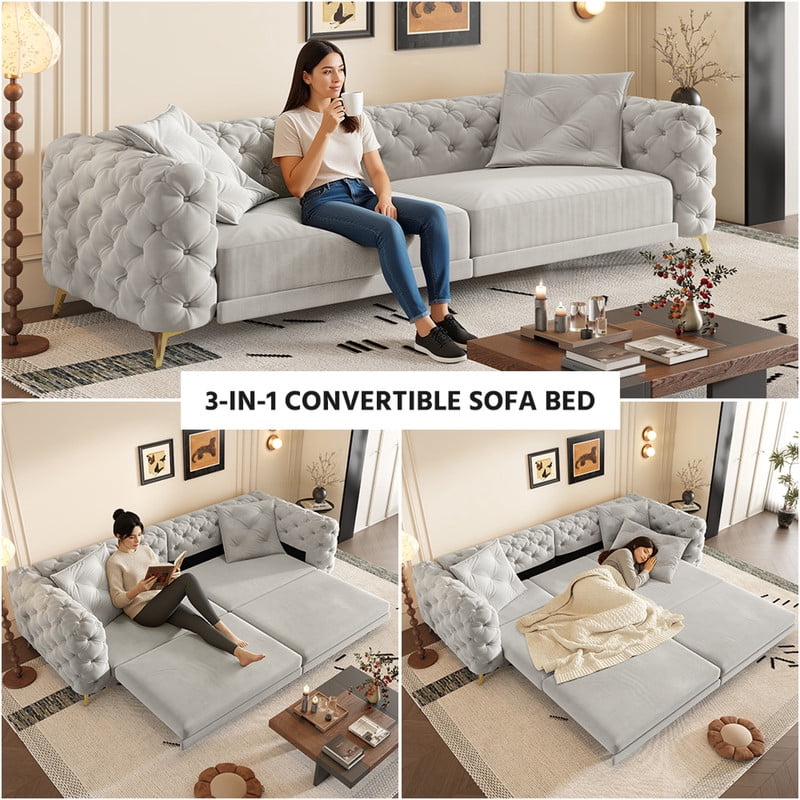 3-in-1 Convertible Sleeper Sofa Bed, 97.7'' 4-Seater Velvet Couch with Pull Out Bed & Movable Ottoman, Deep Seat Tufted Futon for Living Room, Apartment & Office