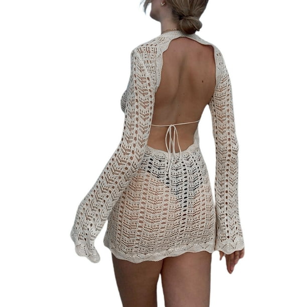 Women Crochet Knitted Backless Mini Dress Bikini Cover Up Long Sleeve Beach  Swimwear Short Dress - Walmart Business Supplies
