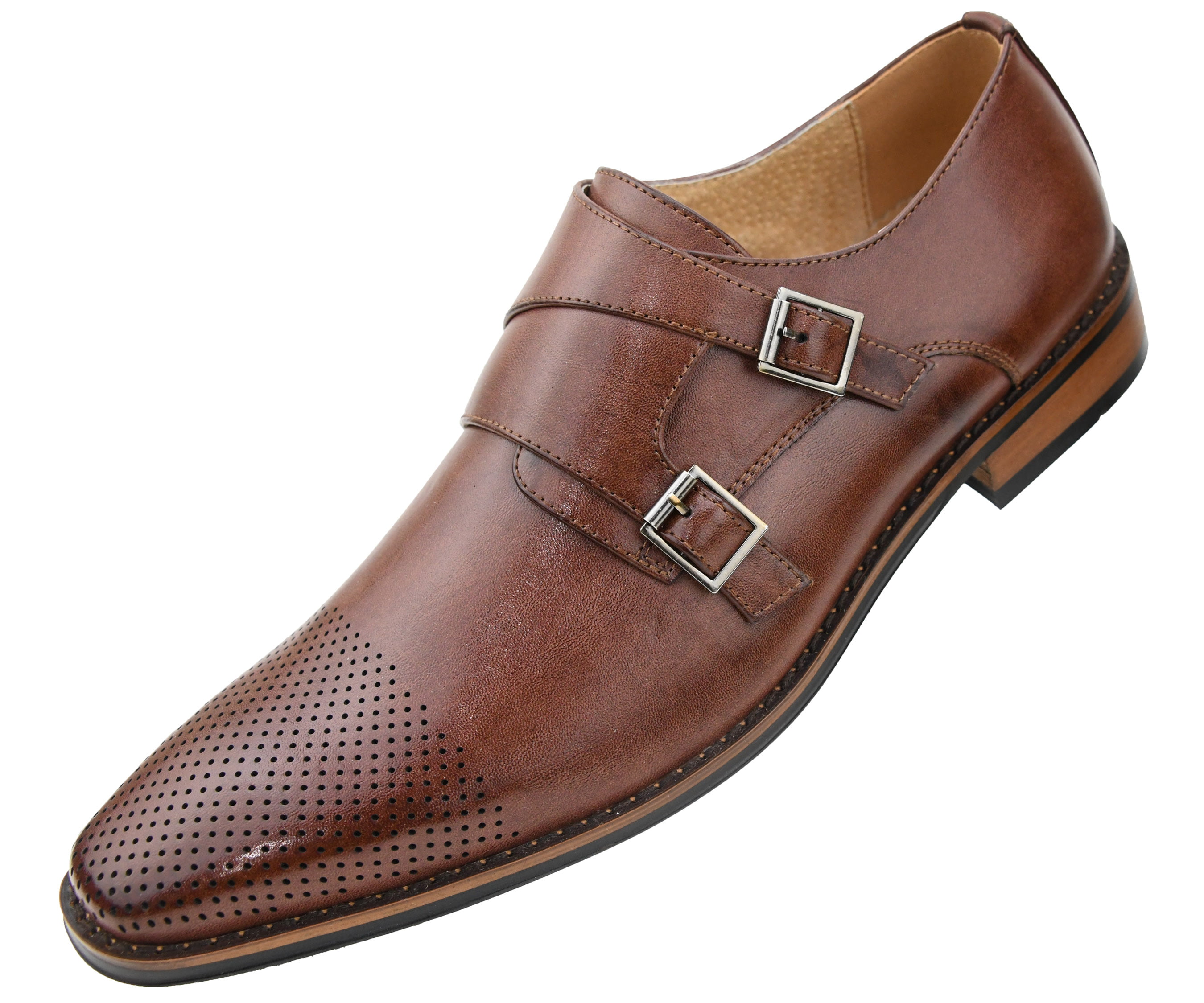 Men's Perforated Cap Toe Double Monk Strap Slip On Dress Shoes " preowned " 
