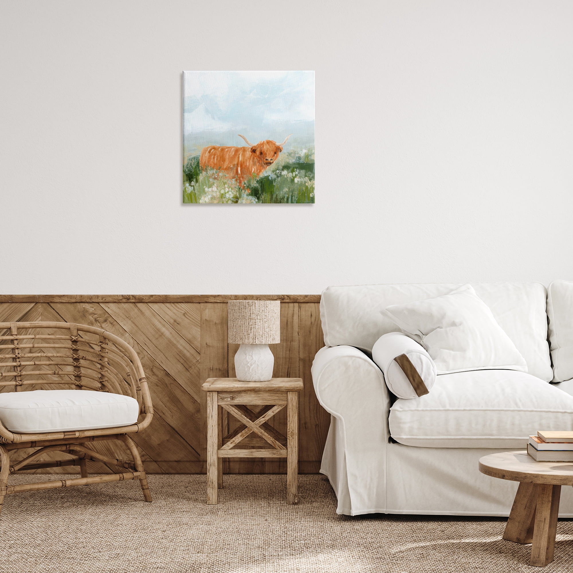 Stupell Industries Longhorn Cattle Country Field Animals & Insects Painting Gallery Wrapped Canvas Art Print Wall Art, 24 x 24
