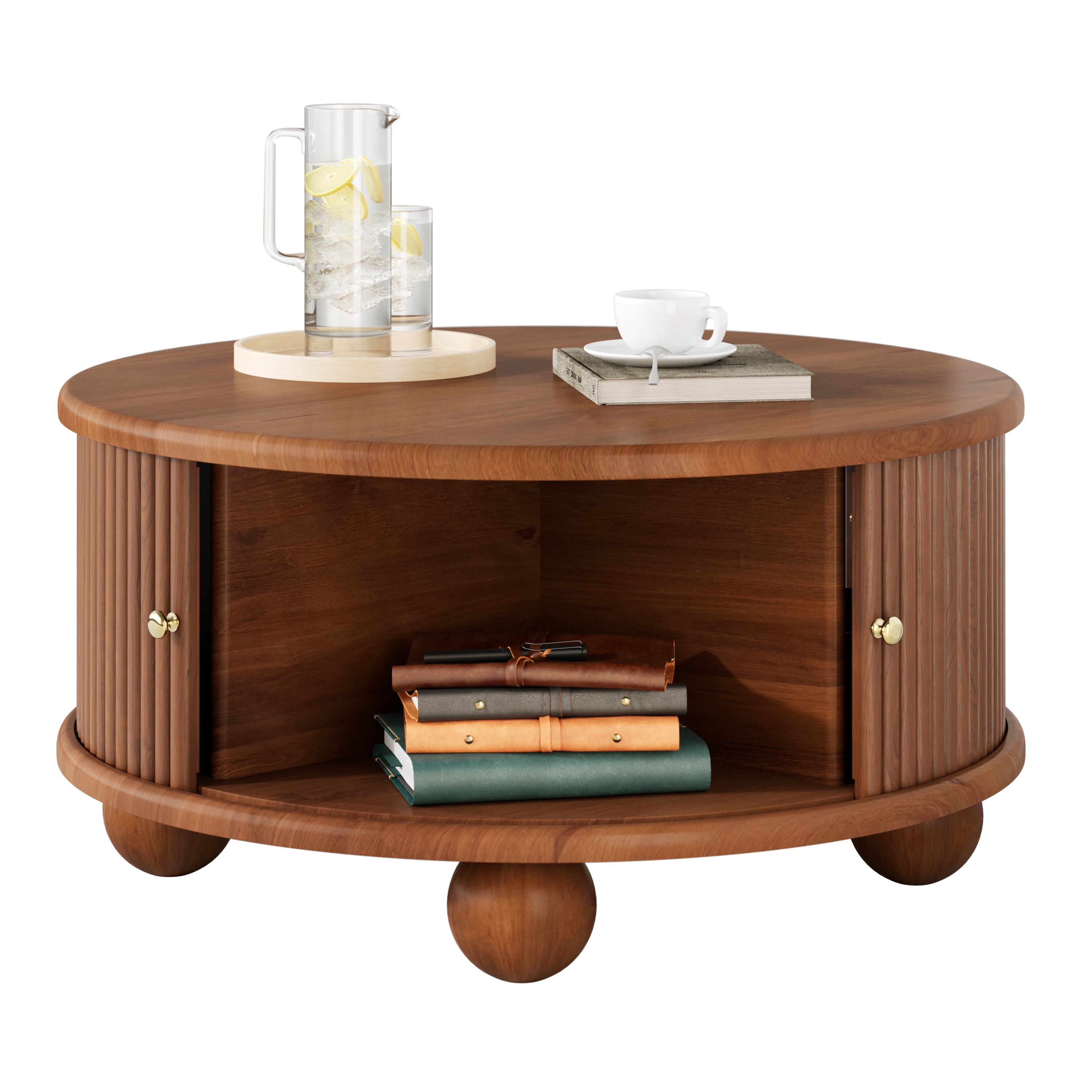 Euroco Round Fluted Coffee Table with Storage, Sliding Door, Walnut, 31.8"