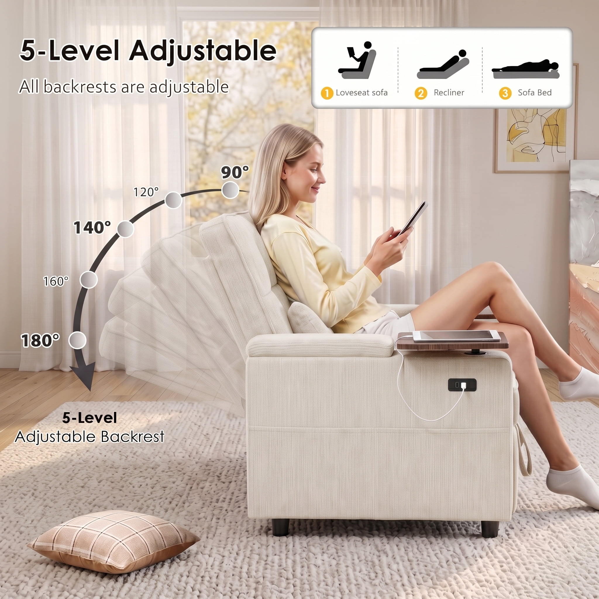 Xiweot 65" Sleeper Sofa Bed, 3-in-1 Convertible Chenille Futon Couch, Loveseat Sofa with Adjustable Backrest, Pull out Couch with Storage Armrest, Table & Pillows for Living Room Apartment (Beige)