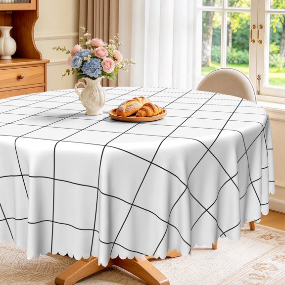 Nanqianyi Plaid Round Tablecloth 70 Inch, Black Grid Lines Waterproof Resistant Wrinkle Round White Table Cloth for Kitchen Dining Room