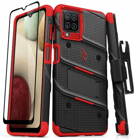 ZIZO BOLT Series for Galaxy A12 Case with Screen Protector Kickstand Holster Lanyard - Black & Red