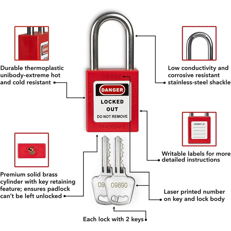 TRADESAFE Lockout Tagout Steel Cable Locks with Keys - 10 Red Keyed Alike  Unlimited Grouping Electrical Lockout Padlock Set, 2 Keys Per Lock, Premium