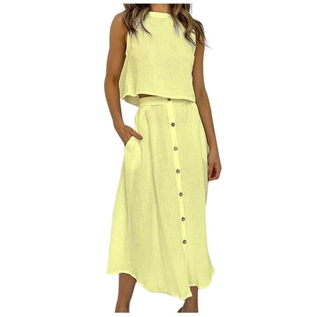 

Homenesgenics Womens Suit Plus Size Pajamas for Women Women s Spring and Summer Casua Round Neck Vest Shirt Medium Length Breasted Dress Two Piece Set
