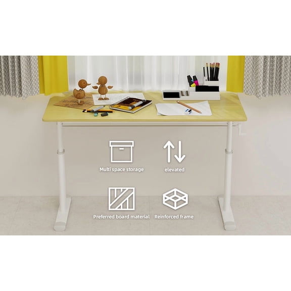 Hand Crank Height Adjustable Standing Desk, LiviNest Sit Stand Desk with 330lbs Capacity, No Electricity Needed, 47.2x23.6in Compact Desk for Home Office, White Frame Natural Wood Top