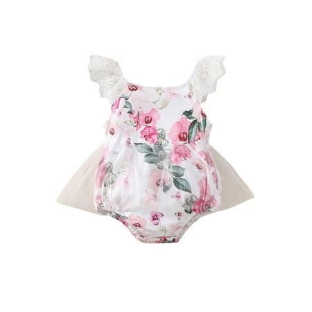 

aturustex Newborn Infant Girl Summer Triangle Snap Romper Lace Floral Fly Sleeve Mesh Tulle Playsuit Jumpsuit