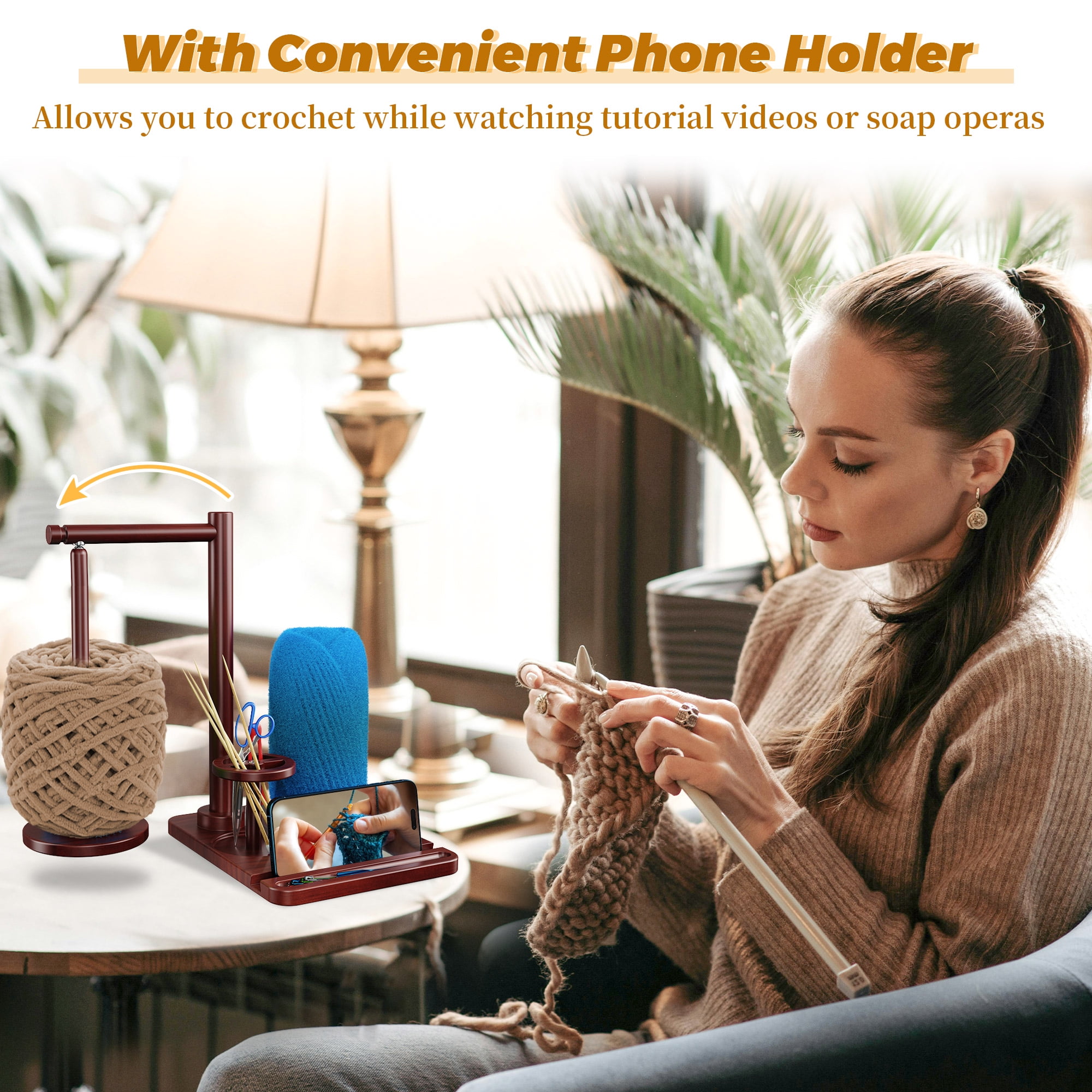 Wooden Yarn Holder for Crocheting and Knitting, Magnetic Crochet Yarn Holder Spinner with Phone Stand and Crochet Accessories Storage, Yarn Ball Winder for Crocheters Knitting Lovers
