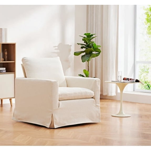 Swivel Chair with Loose Cover, Beige Fabric, Solid wood, Dimensions: 32.67"D x 32.28"W x 32.67"H, living room, bedroom