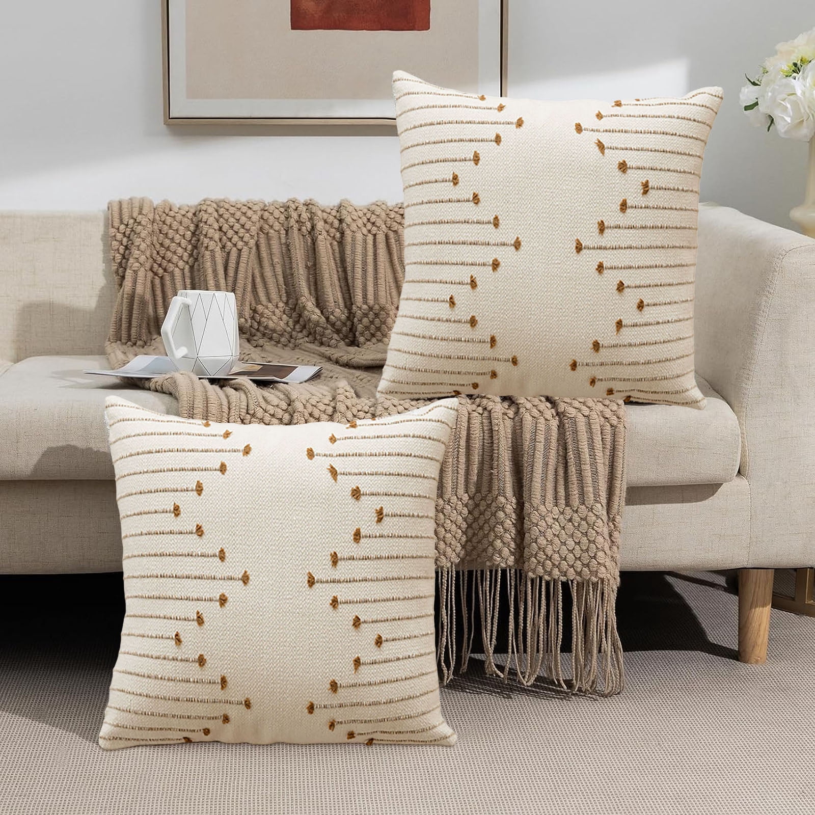 YWIYIUD Boho Throw Pillow Cover 18x18 Set of 2 NeutralDecorative Textured Cushion Case Farmhouse Pillowcase Unique LineDesign Throw Pillows for Modern Home Couch Sofa Living Room Decor