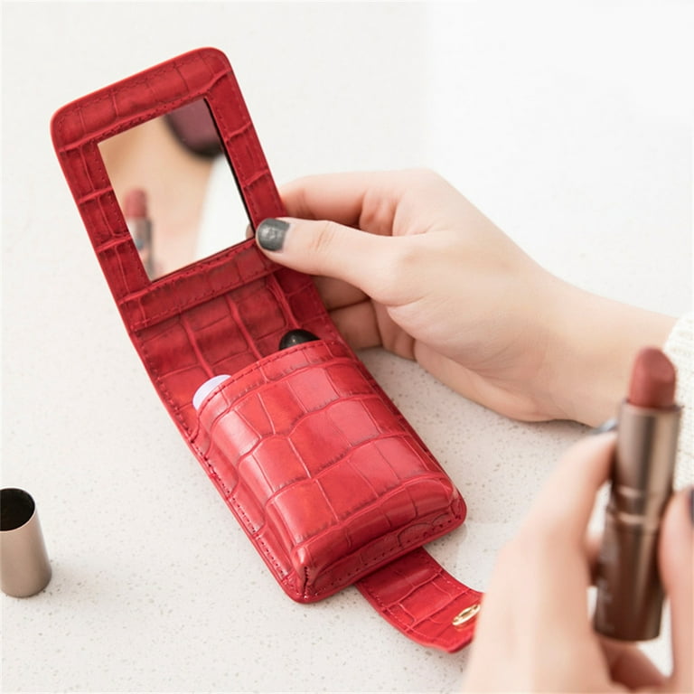 PU Lipstick Case with Mirror Mini Makeup Cosmetic Pouch Buckle Closure 