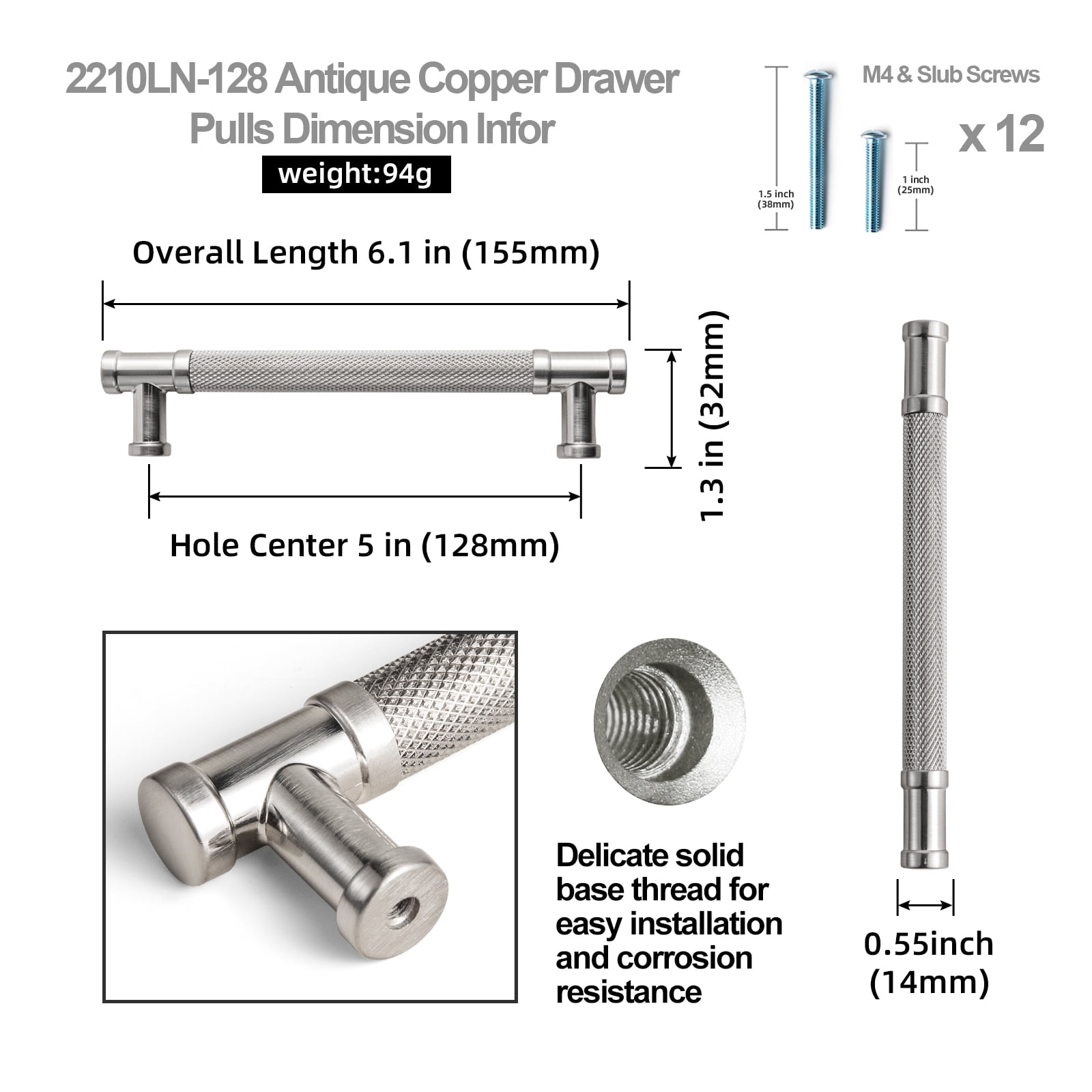 Goo-Ki 12 Pack Knurled Satin Nickel Zinc Alloy Kitchen Cabinet Handles, Closet Classic 5"(128mm) Hole Center Cabinet Pulls Dresser Handles for Bedroom