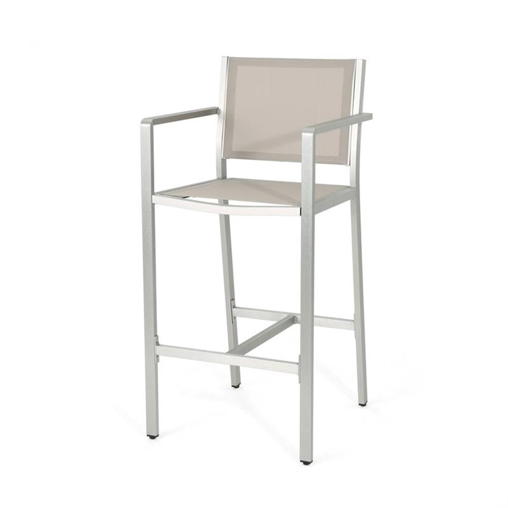 Gannon Outdoor 29.5" Mesh Barstools with Aluminum Frame, Set of 2, Grey, Silver