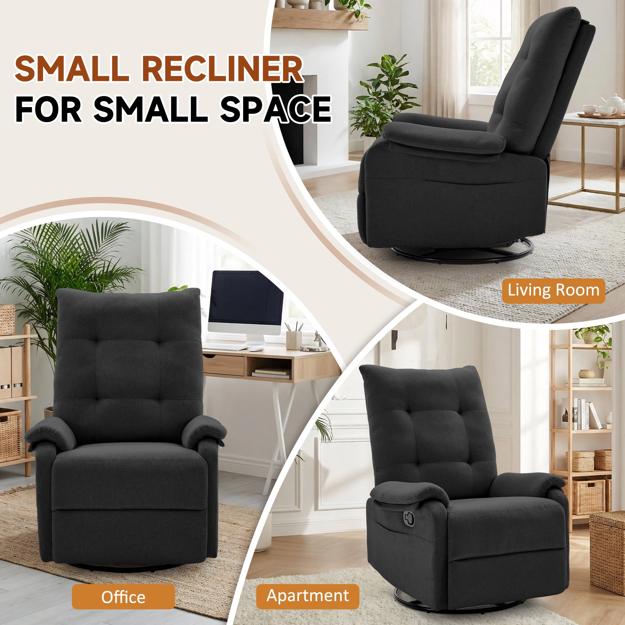 GEEYOO 360°Swivel Rocker Recliner Chair for Adults with Side Pockets,Small Recliner Chair for Small Spaces,Modern Swivel Glider Recliner for Living Room,Linen,Black