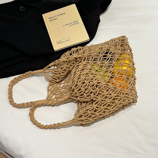 Transporte Manejo Malla Mesh Tote Hollow Out Bag Women Algodón Capacidad Gran Color Sólido Playa Verano