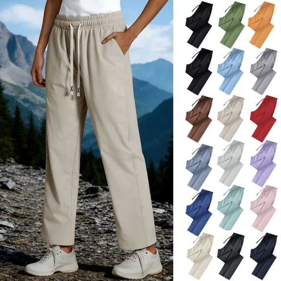 Women's Lightweight Hiking Pants Drawstring Elastic Waist Loose Casual Pants Quick Dry Sweat Pants Comfy Travel Joggers with Pockets Yellow