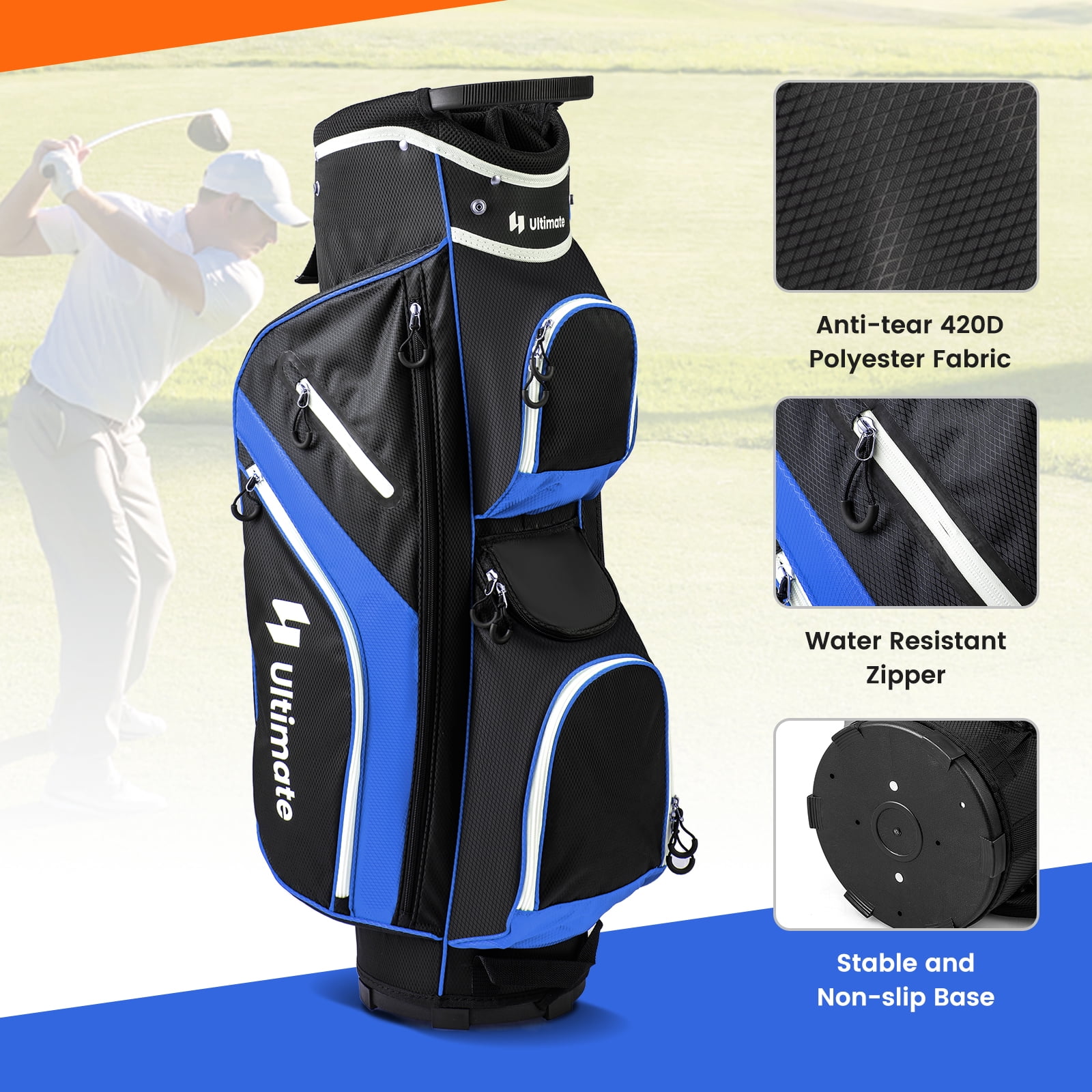 Topbuy 14-Way Golf Cart Bag Golf Club Bag with 14 Ways Organizer Divider Top 9 Zippered Pockets Cooler Bag Umbrella Holder Blue