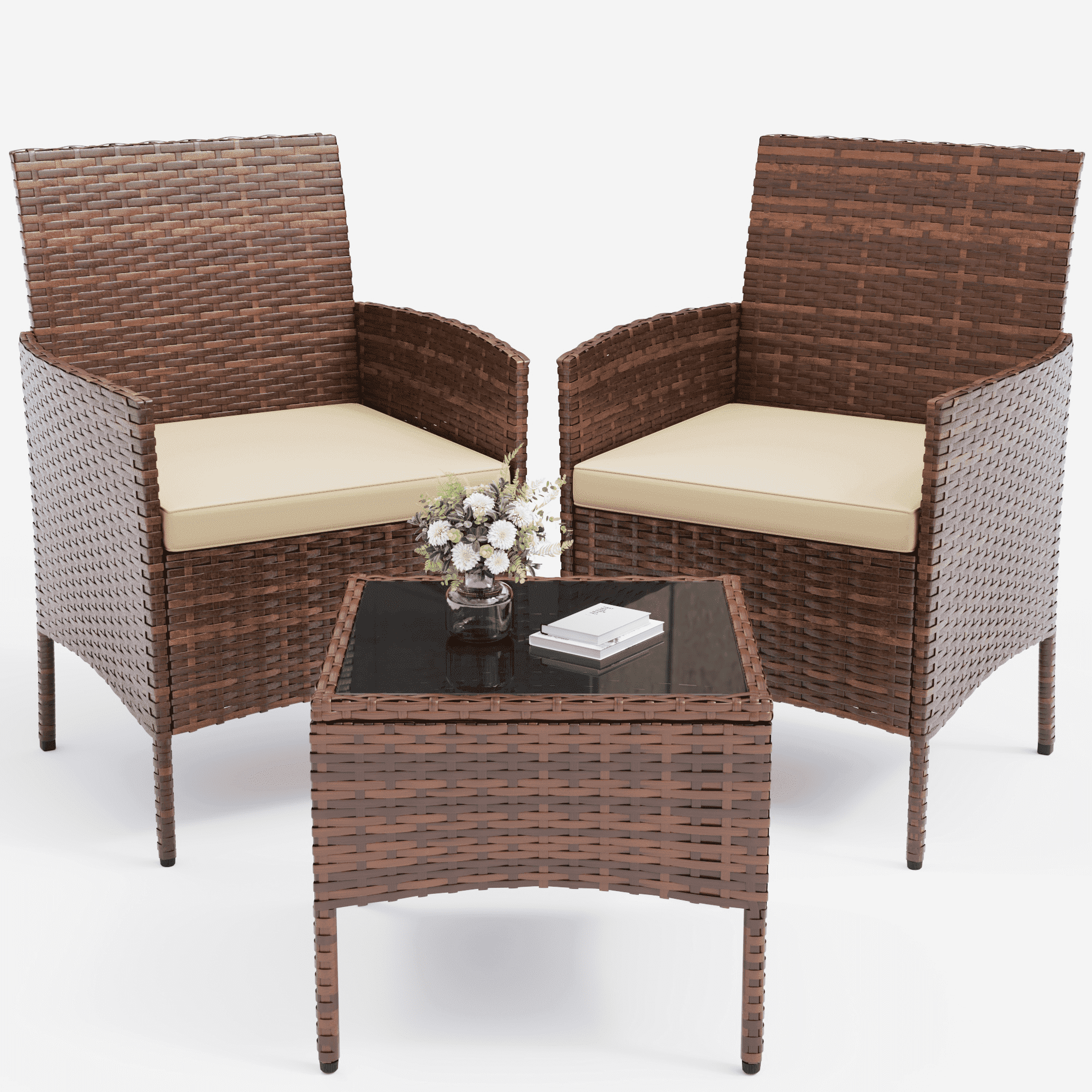 ELPOSUN 3 Piece Outdoor Patio Furniture Set Bistro Set with Coffee Table, Wicker Rattan Conversation Sets for Backyard, Porch, Poolside (Beige)