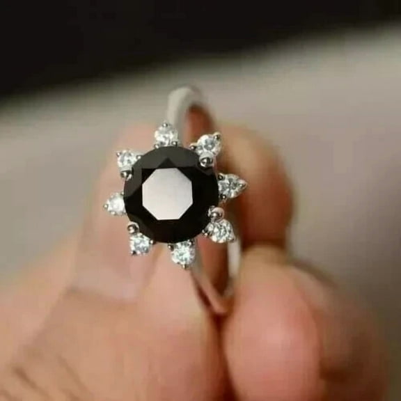 Women Engagement Ring 2Ct Round Cut Simulated Black Diamond Halo Flower 14K White Gold Plated 925 Silver
