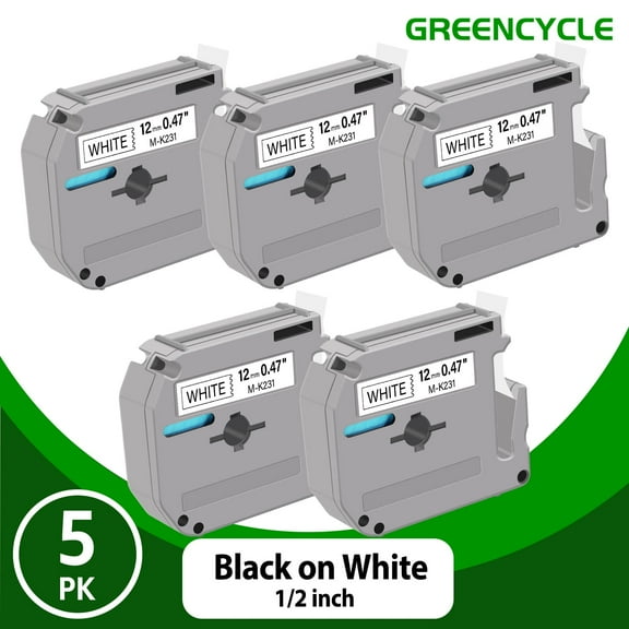 GREENCYCLE 5PK Compatible for Brother P-touch M-K231 M231 0.47'' 12mm White Label Maker Tape