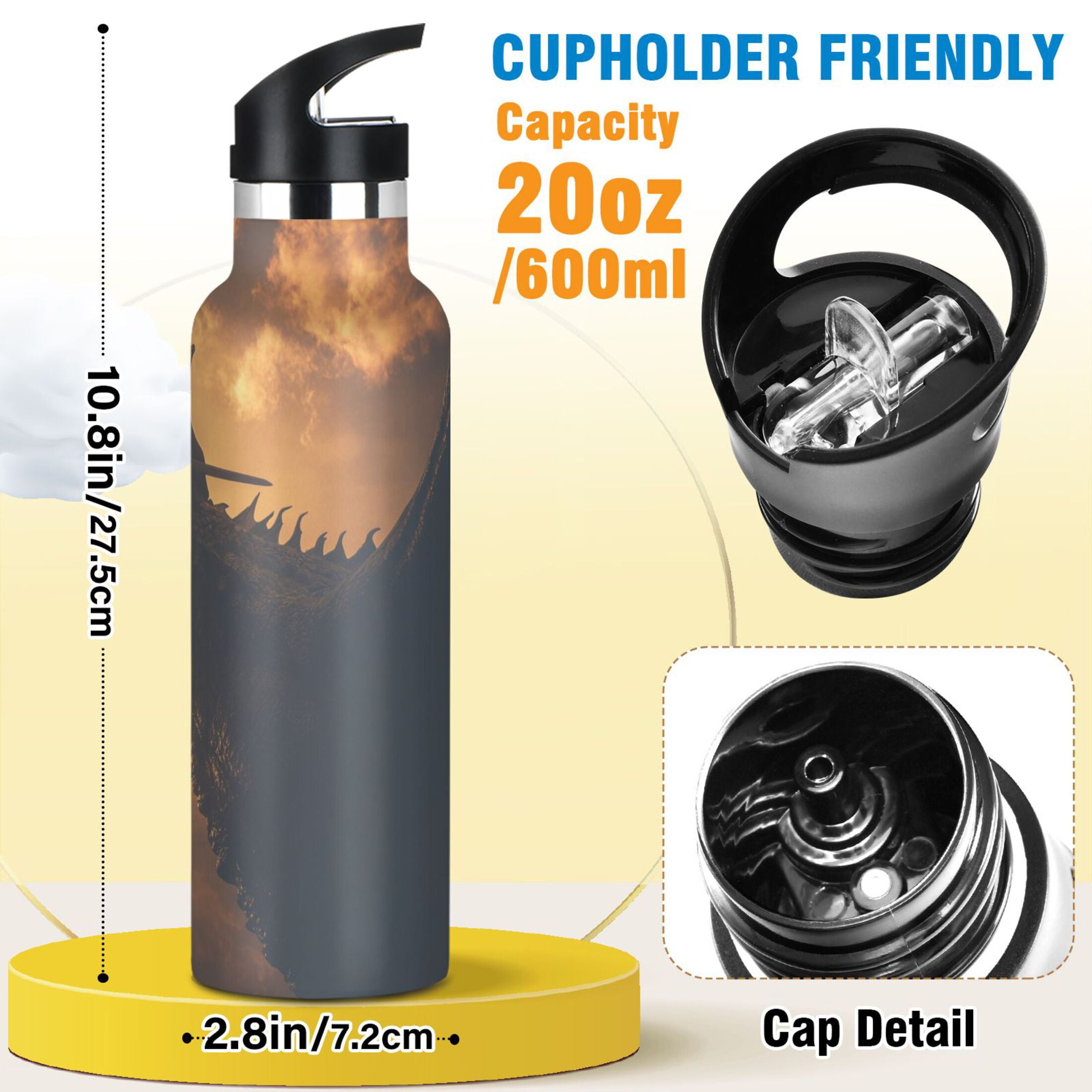 600ML Stainless Steel Insulated Cup Sports Water Bottle Portable Thermos Cup Water Glasses Insulated Tumblers Convenient and Durable Riding A Dragon