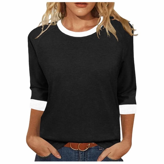 thefmos Women's Fall Winter Round Neck 3/4 Sleeve Solid Basic Casual Pullover Tops Tshirt Comfy Loose Fit Blouses for Women Cute Trendy Everyday Wear Business Work Clothes, Black M