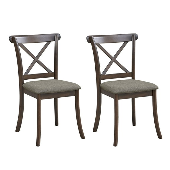 Set of 2 Dark Brown Rubber Wood X Back Dining Chairs - Modern Upholstered Kitchen Side Chairs with Tan Linen-Look Seats, 34.84"H - Farmhouse Style for Dining Room & Kitchen