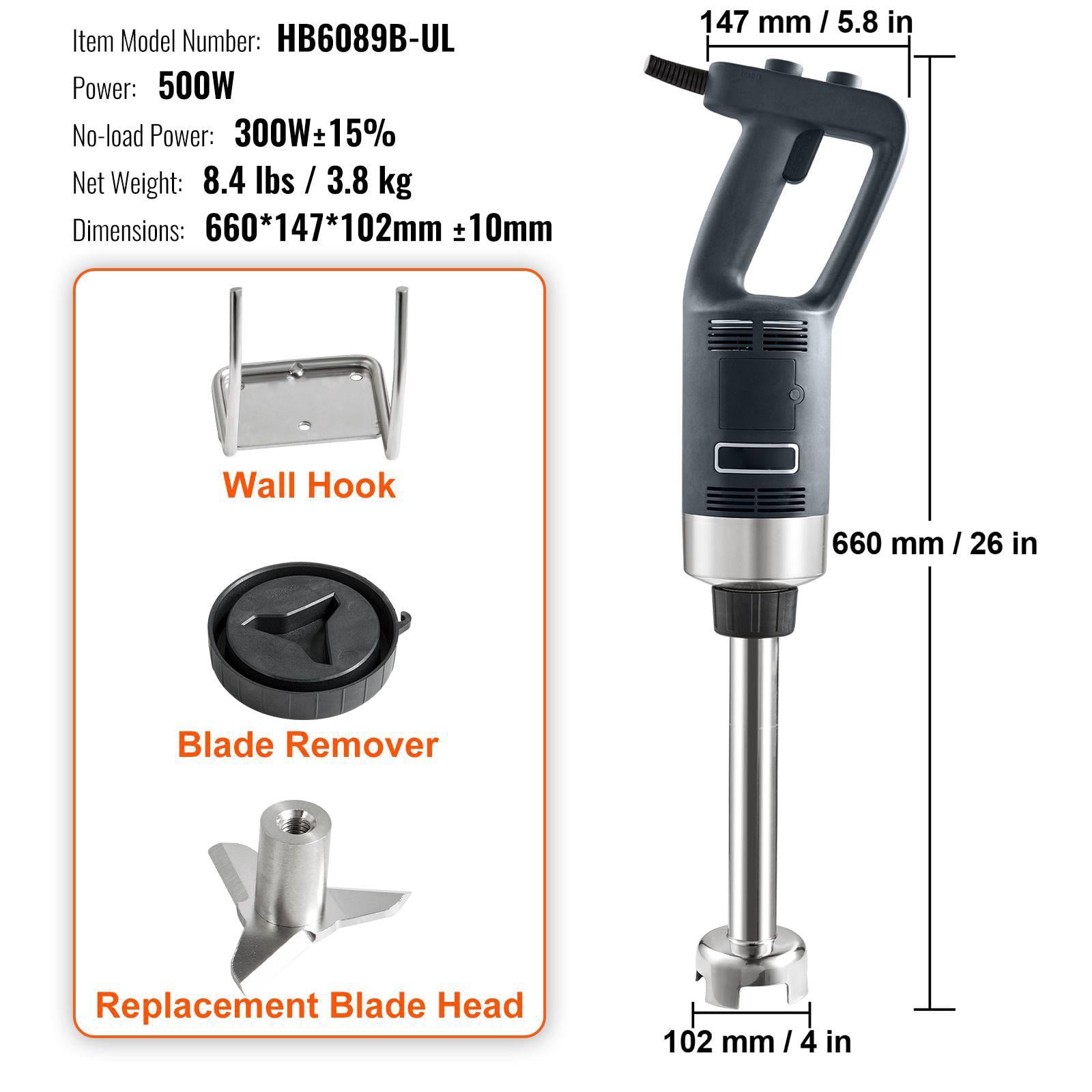 500W High Power Commercial Handheld Blender Variable Speed 304 Stainless Steel Blades Portable Multifunctional for Soup Smoothies Fruit Puree Baby Food
