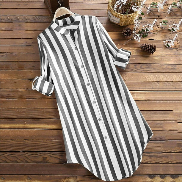 Puntoco blusa suelta con bolsillo a rayas de talla grande para mujer, blusa informal de manga larga con botones Puntoco Puntoco-3373