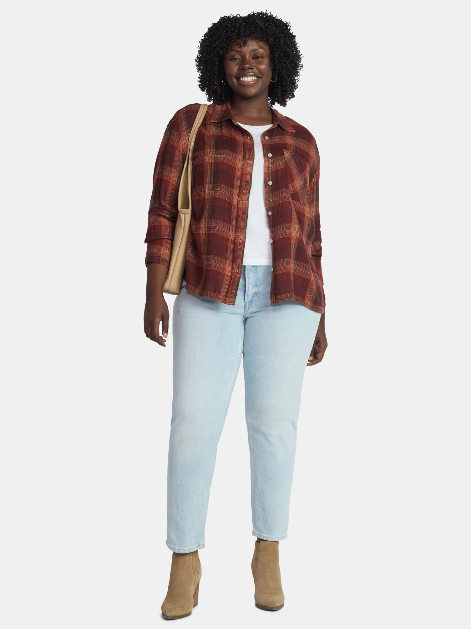Terra & Sky Women's Plus Size Plaid Button Front Shirt, Sizes 0X-5X