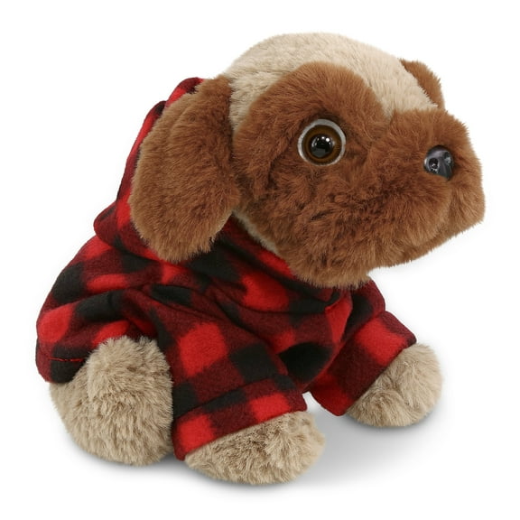DolliBu Super Soft Brown Pug Dog Stuffed Animal with Plaid Red Hoodie Sweater - Cute Dog Plush Lumberjack Stuffed Toy with Plaid Jacket Dress Up for Christmas, Holiday, Winter - 8 Inches