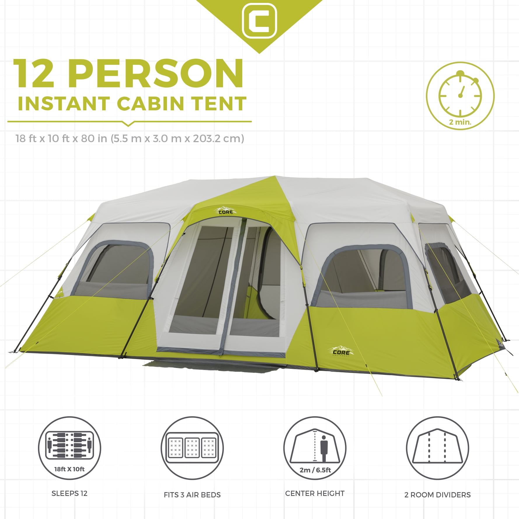 Core Equipment 12 Person Lighted Instant Cabin Tent