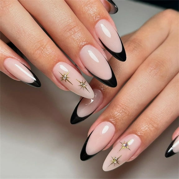 24 Pieces Almond False Nails French Tip With Star Designs on Nails Manicure For Parties And Event