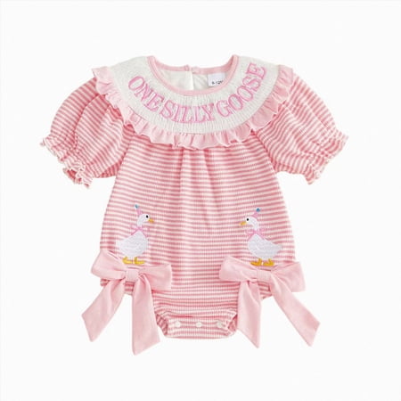 Sopiago Baby Girl First Birthday Outfit One Silly Goose Bubble Romper Birthday Girl Smocked Onesie Cute Summer Cake Smash Outfit (Red,12-18 Months)
