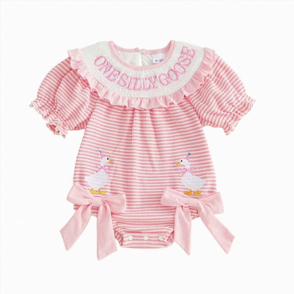 Sopiago Baby Girl First Birthday Outfit One Silly Goose Bubble Romper Birthday Girl Smocked Onesie Cute Summer Cake Smash Outfit (Red,12-18 Months)
