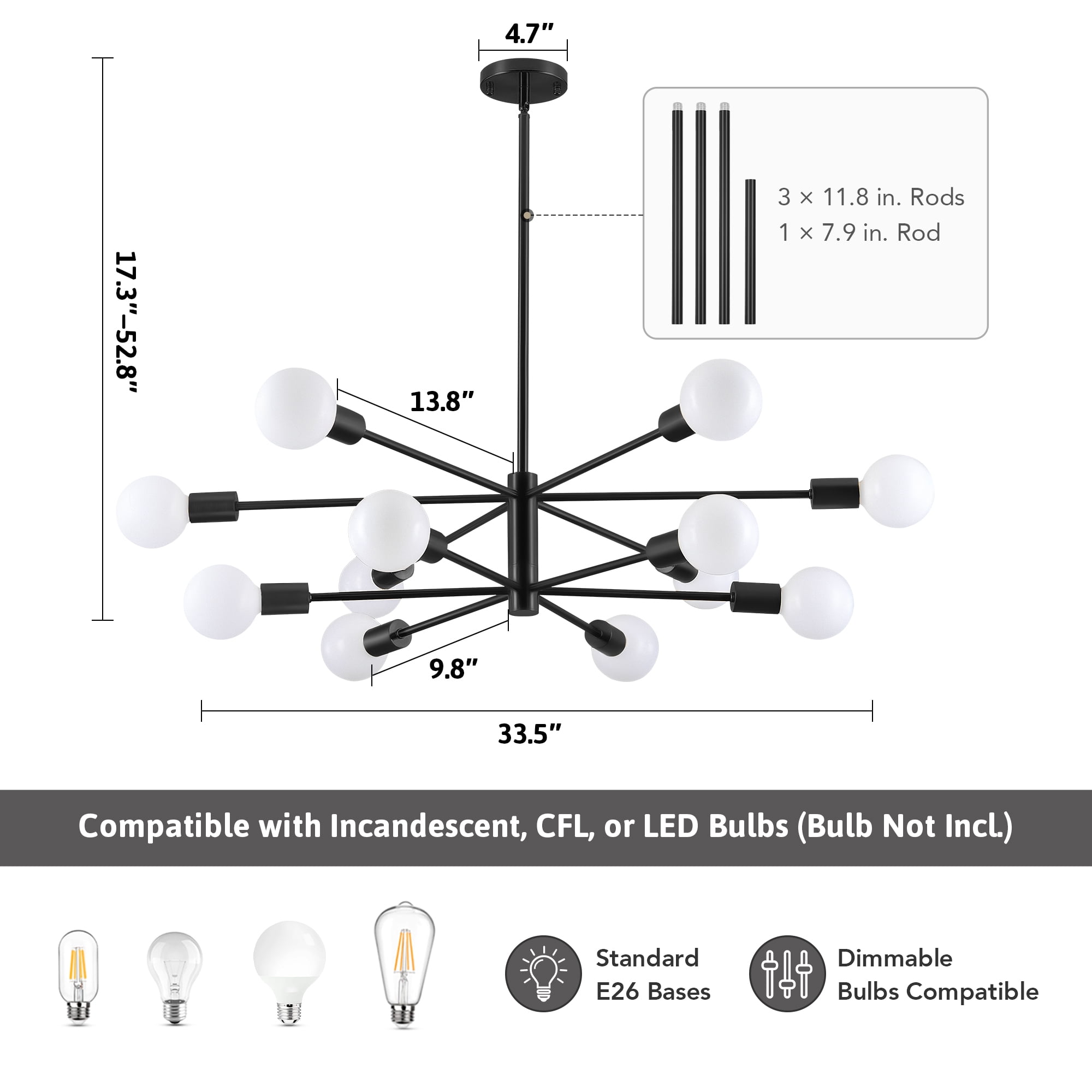 Bestco 12-Light Modern Sputnik Chandelier for Dining Room with 4 Extension Rods Black