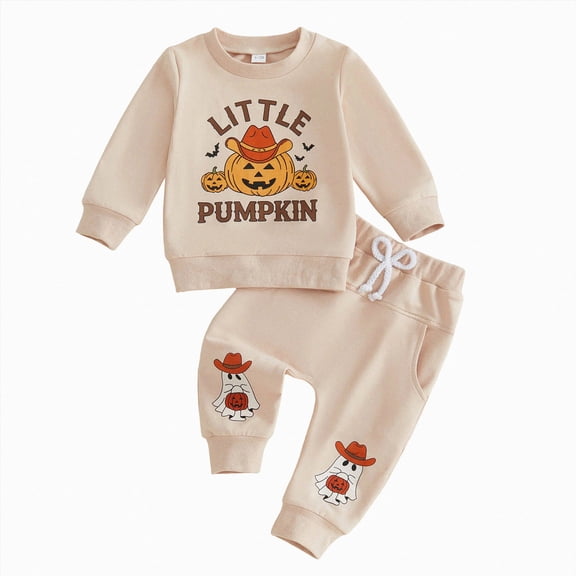 TOWED22 Toddler Baby Boy Halloween Outfit Little Pumpkin Shirt Long Sleeve Crewneck Sweatshirt Pants Cute Boy Fall Clothes,Beige,12-18 M