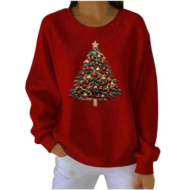 RXMEKW Chandail Molletonné Imprimé de Noël pour Femmes, Manches Longues Décontracté Col Rond, Coupe Ample, Noir