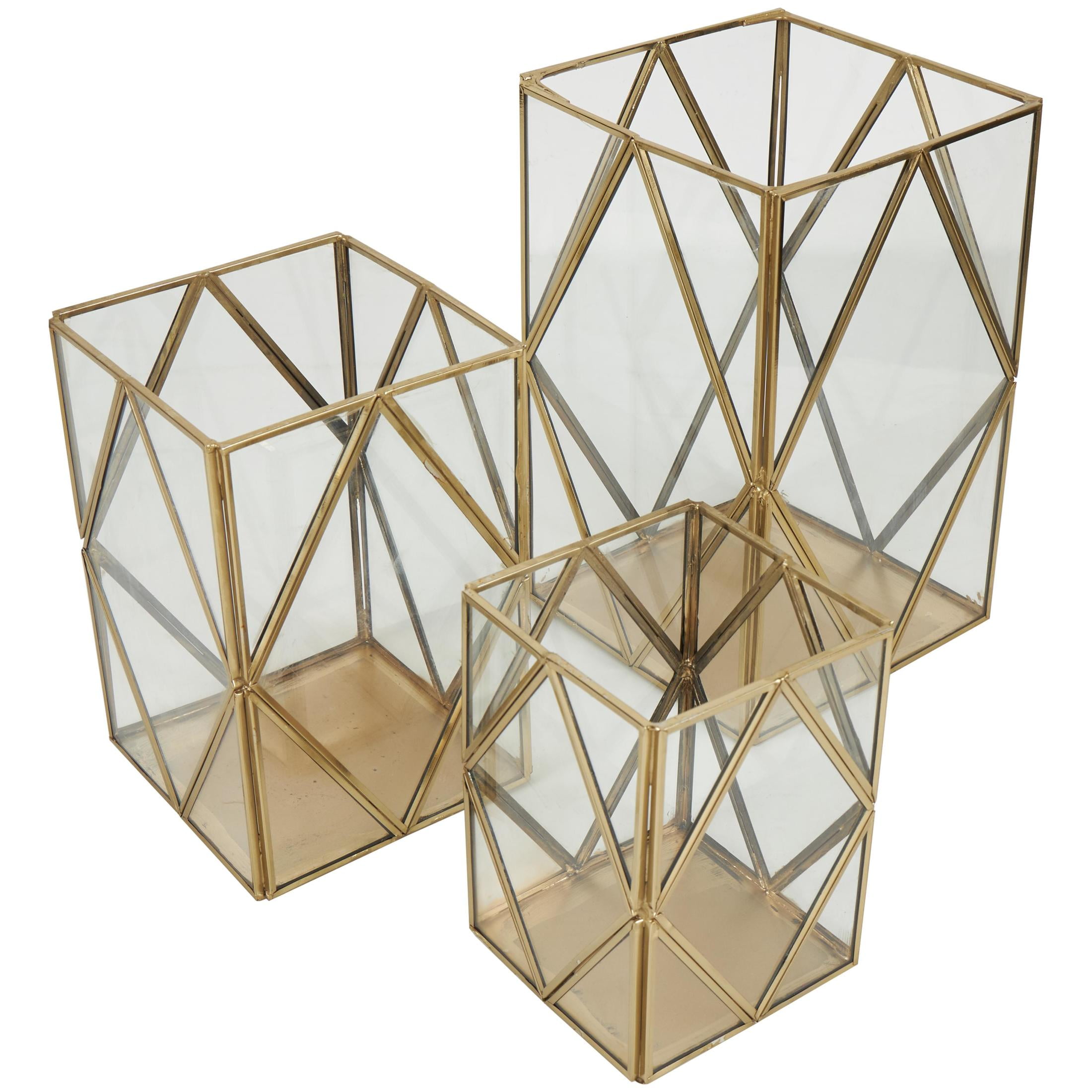 CosmoLiving by Cosmopolitan 3 Holder Gold Metal Geometric Diamond Patterned Rectangular Candle Lantern, Set of 3