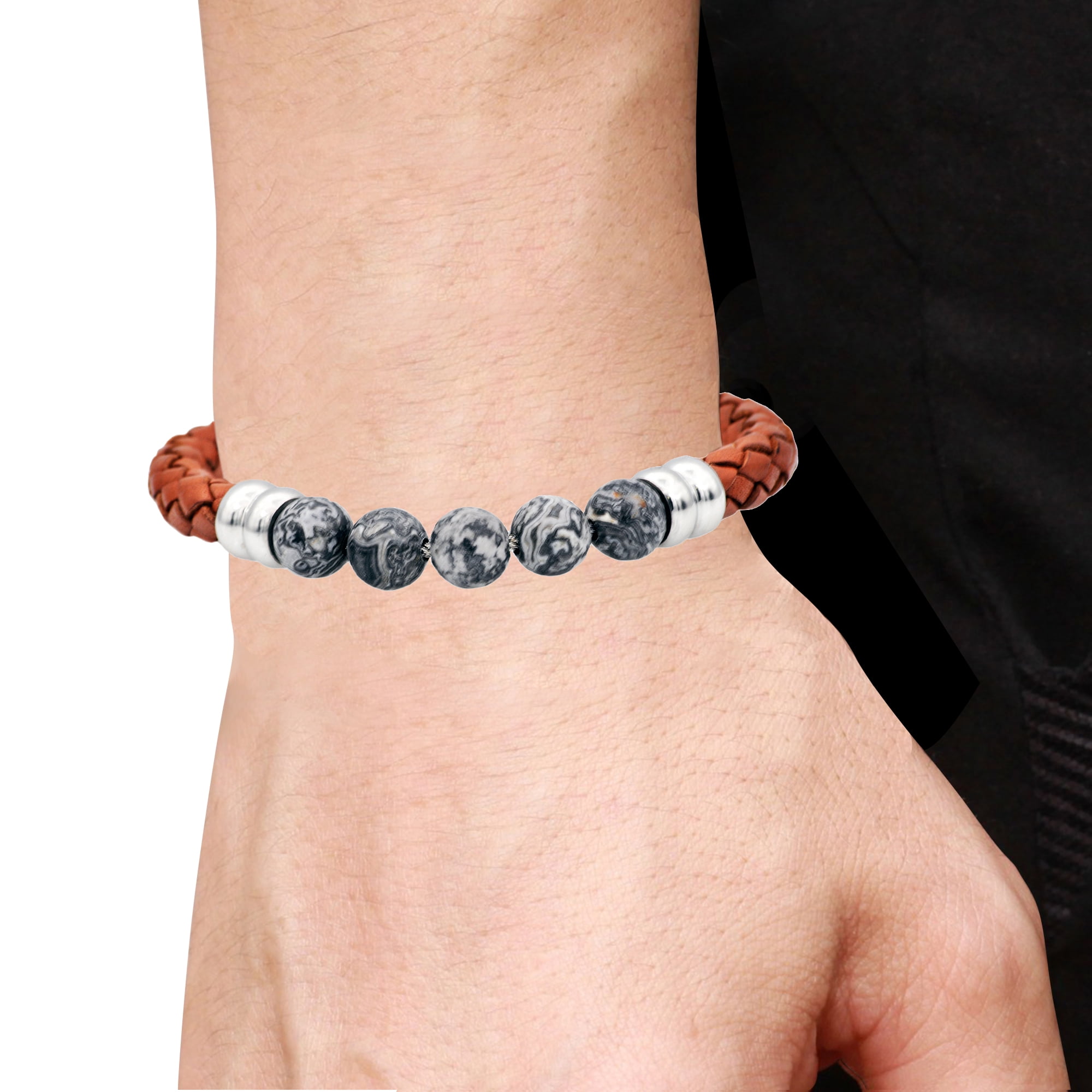 Arista Genuine Grey Jasper and Brown Leather Men's Beaded Bracelet in Stainless Steel, 8.5"